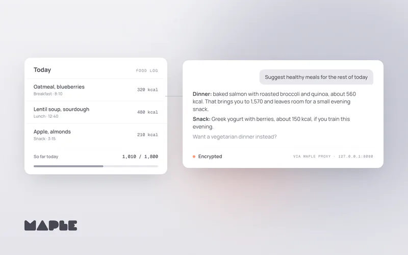 A food log for one day beside a meal suggestion that was answered through Maple Proxy, marked Encrypted.