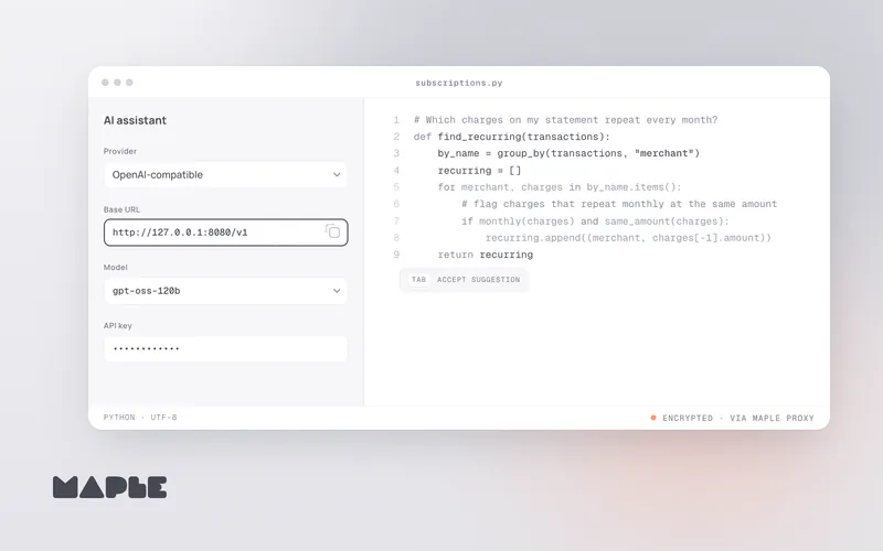 A code editor whose AI assistant settings point the base URL at http://127.0.0.1:8080/v1 with gpt-oss-120b selected, suggesting code that flags monthly recurring charges in a bank statement.